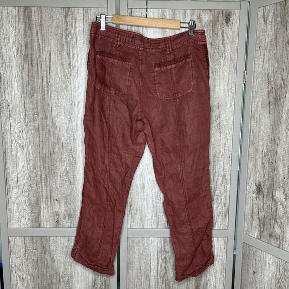 Anthropologie Hei Hei Linen Pants Roll Up Lace Embroidered Trim Rusted Red Sz 28 - Picture 8 of 8